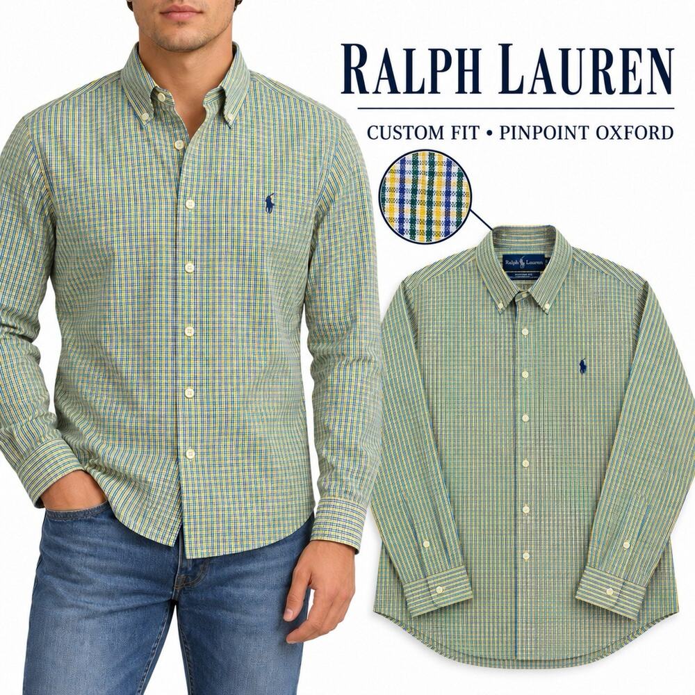 Ralph Lauren Mens Vintage Custom Fit Pinpoint Oxford Check Shirt Blue Green